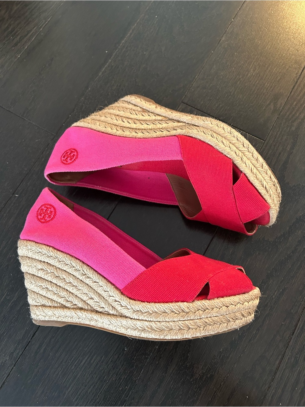 Tory Burch Two-Tone Pink and Red Espadrille Wedges